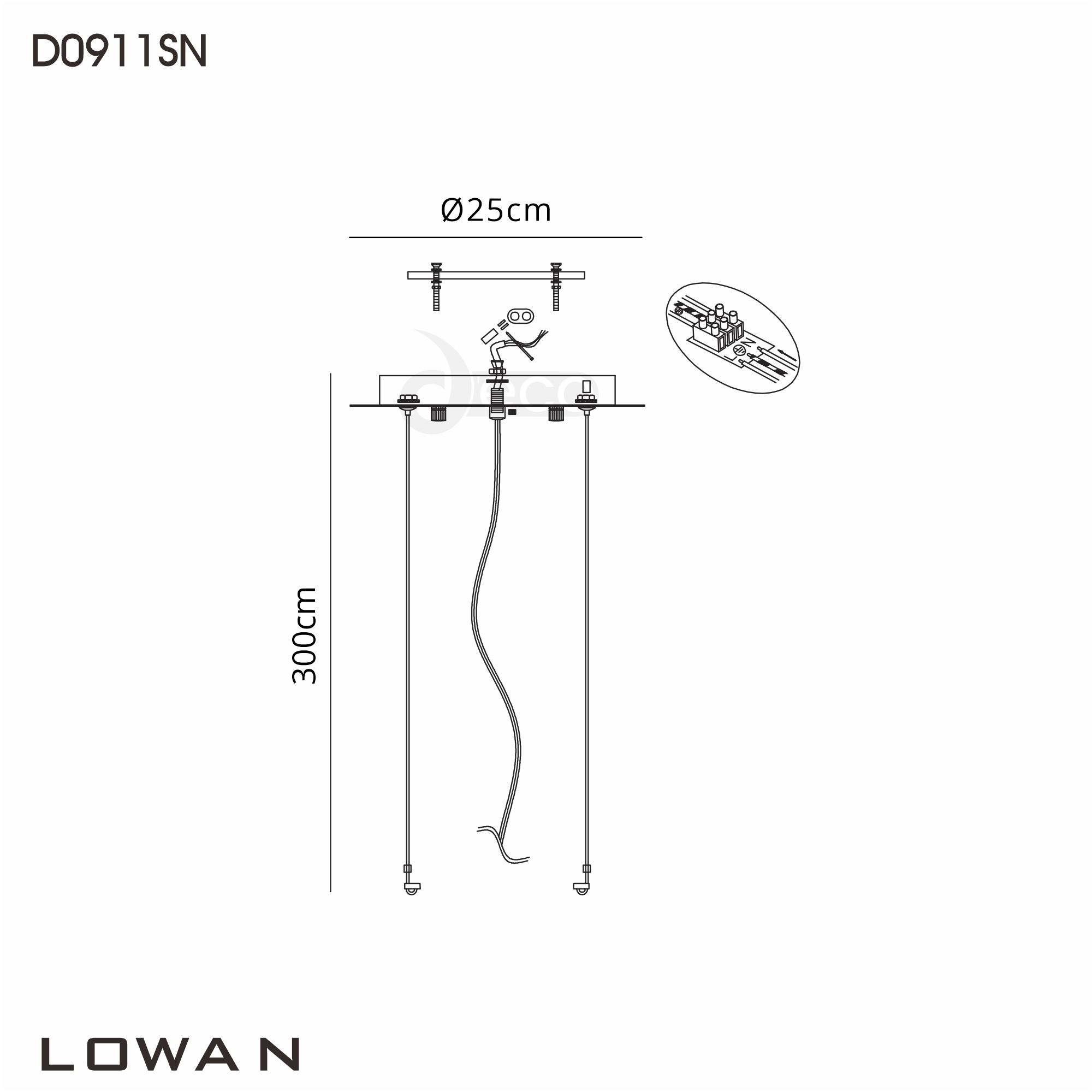 D0930SN/SI  Lowan 890mm, 3m Suspension Plate c/w Power Cable To Lower Flush Fittings, Satin Nickel/Silver Max Load 20kg (ONLY TESTED FOR OUR RANGE OF PRODUCTS)